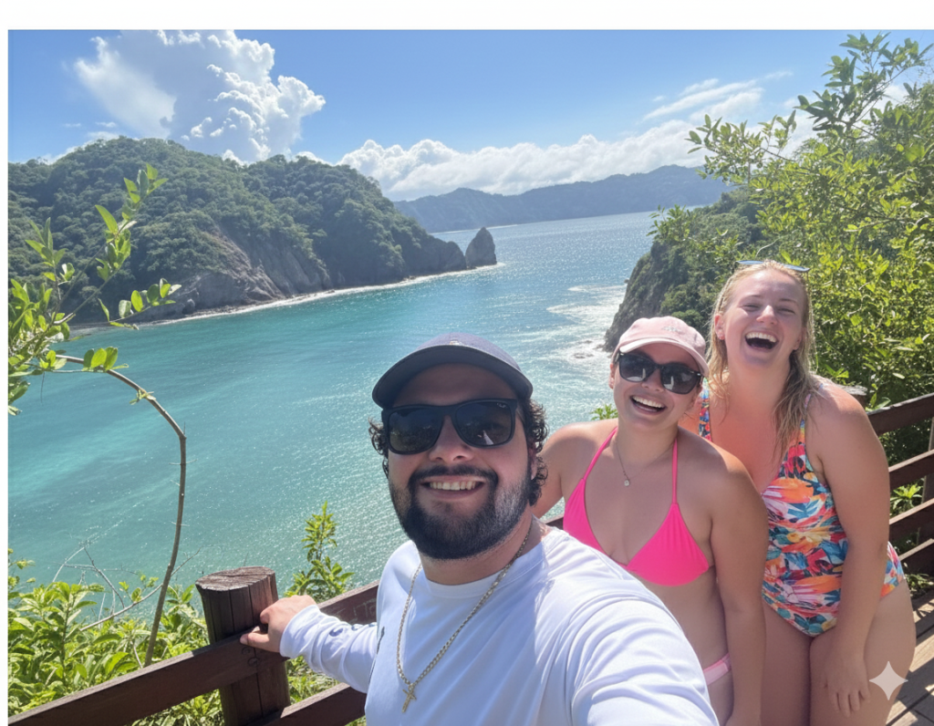 Grupo de viajeros sonrientes y felices cruzando un puente colgante en la selva tropical de Costa Rica, con exuberante vegetación verde y luz del sol filtrándose. Turismo sostenible y experiencias en la naturaleza.