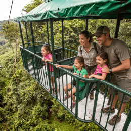 Familia disfrutando del teleférico en el bosque lluvioso de Costa Rica